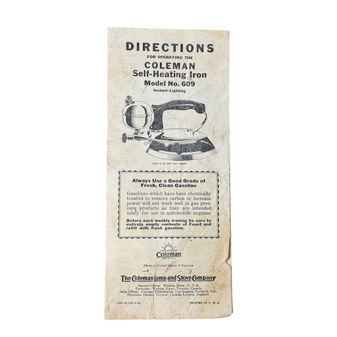 Used Original Coleman Model 609 Iron Instructions - E1672