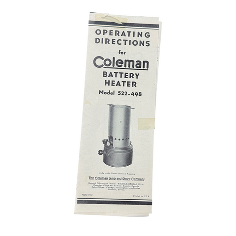 Used Original Coleman Model 522 Battery Heater Instructions - E1323