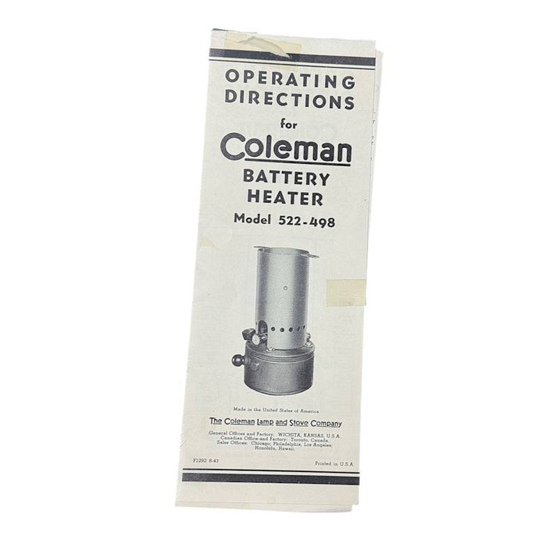 Used Original Coleman Model 522 Battery Heater Instructions - E1323