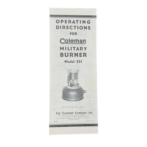 Used Original Coleman Model 521 Military Burner Instructions - E1305