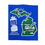 Old Coleman Parts royal blue t-shirt back graphic featuring a Michigan map, lantern, and 2026 ICCC Convention text.